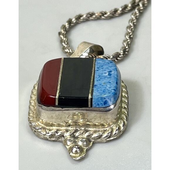 Vintage Taxco Sterling Silver Inlay Pendant Necklace – Coral Onyx Turquoise- 27” - Picture 7 of 16